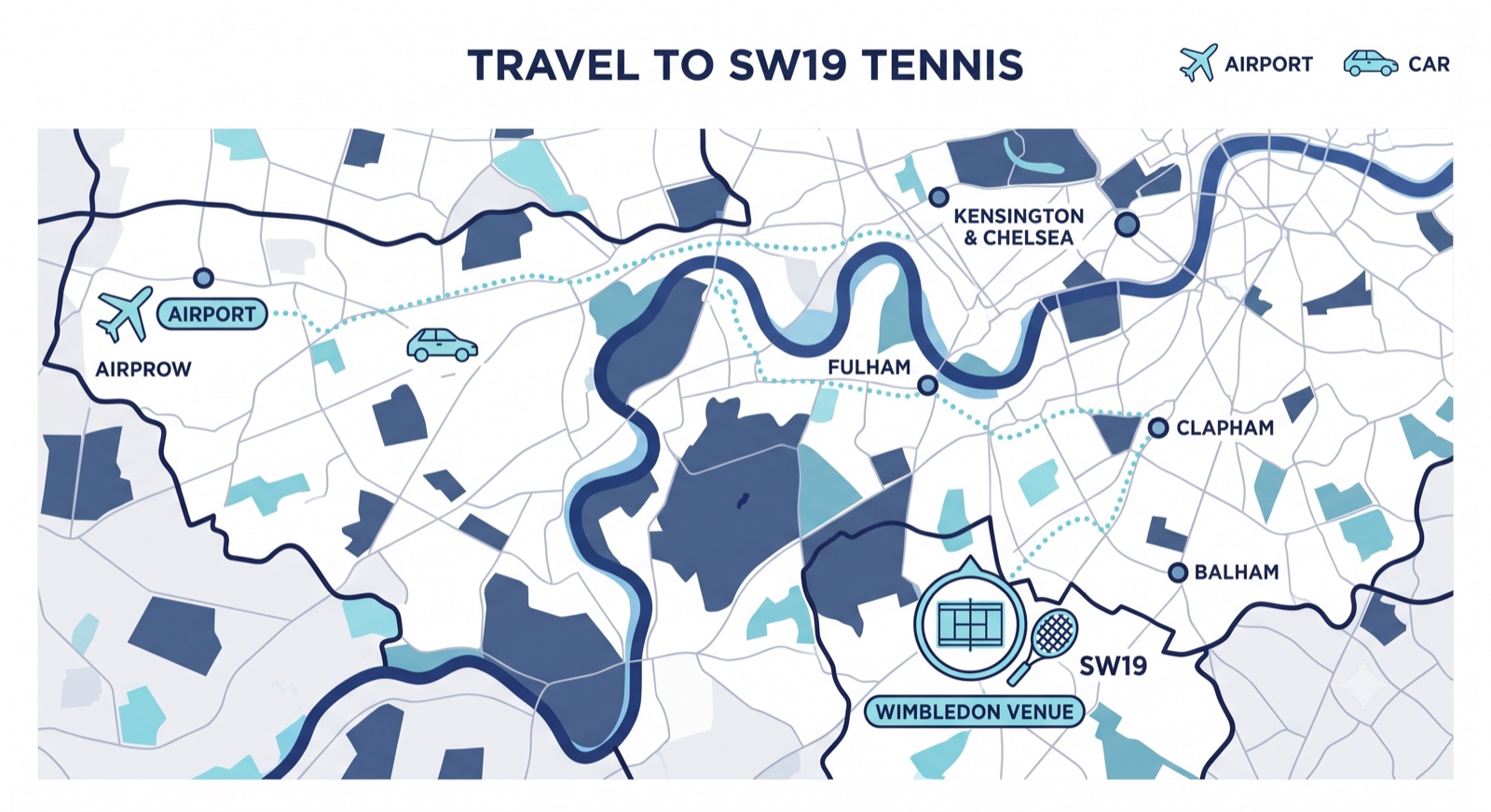 Stylised map showing the route from a London airport to the Wimbledon tennis venue in SW19