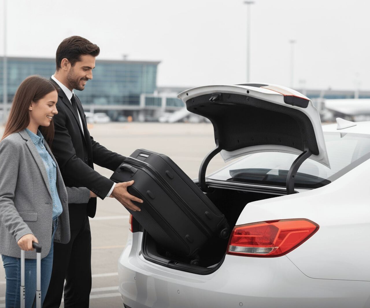 Professional driver helping passenger with luggage at airport