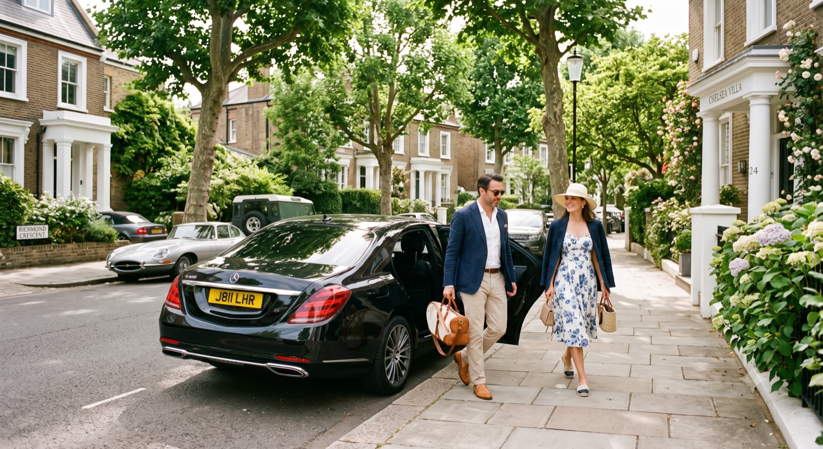 Couple arriving by private car for the Wimbledon tennis on a leafy south-west London street