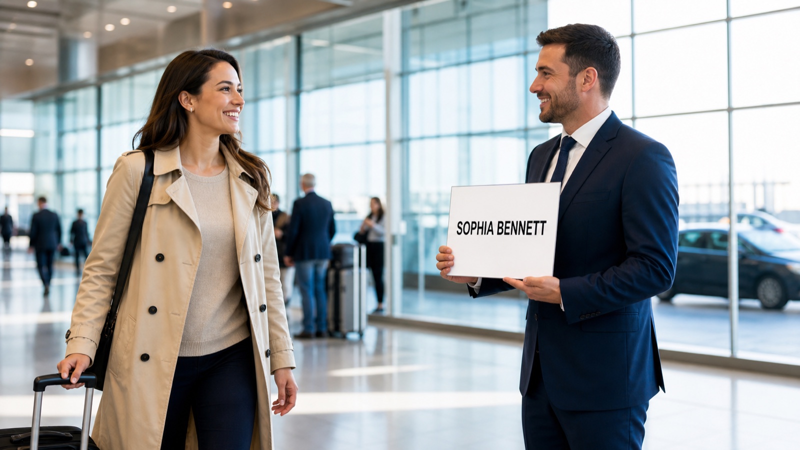 Prime Airport Transfer driver holding a name board to meet a passenger in a Heathrow arrivals hall