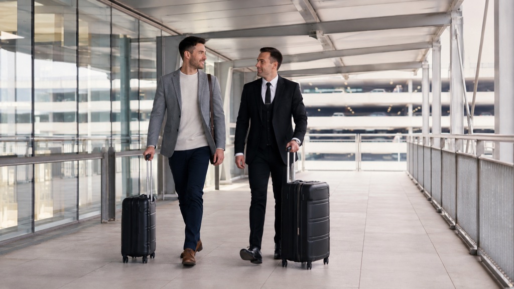 Illustration of an adult passenger and chauffeur walking through a covered airport walkway towards Terminal Parking