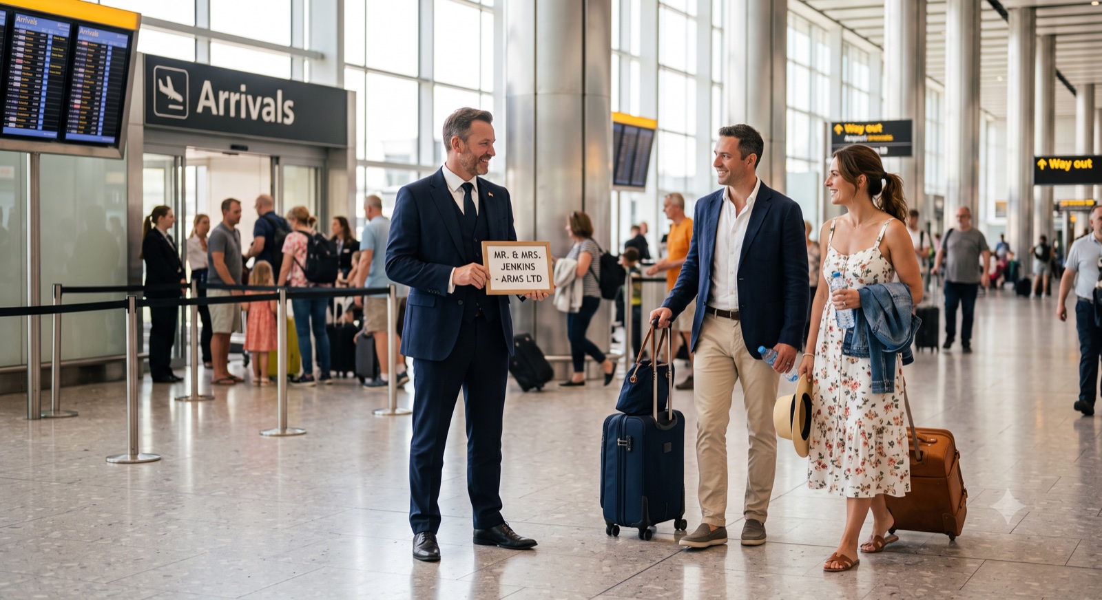 Chauffeur with a name board meeting tennis visitors at airport arrivals for a transfer to Wimbledon