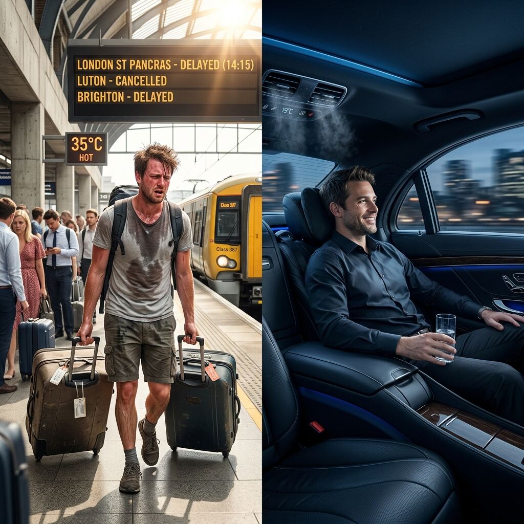 Traveler sweating at a delayed train station vs relaxing in an air-conditioned luxury car
