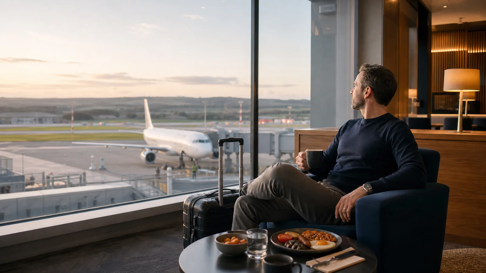 A traveller relaxing in a Luton Airport lounge with breakfast and coffee, watching a plane on the tarmac before their flight