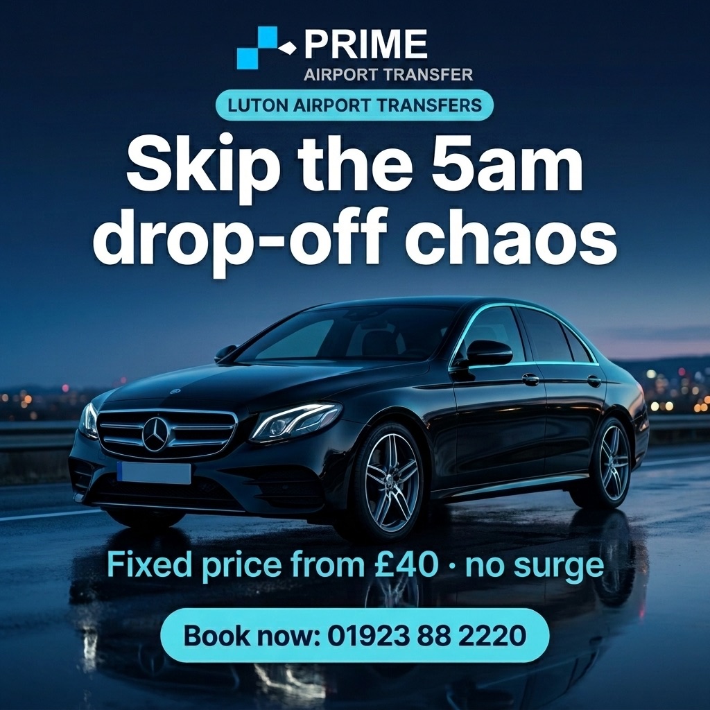 A car arriving at London Luton Airport, where drivers choose between Long Stay, Mid Stay and Terminal parking or a fixed-price airport transfer