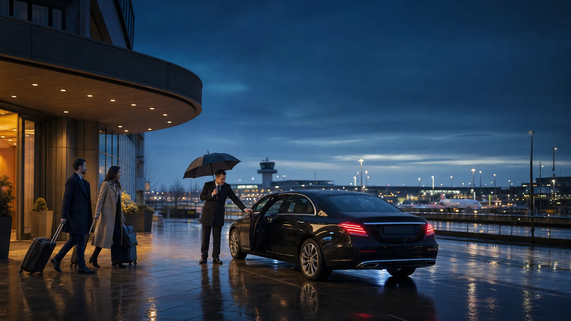 A chauffeur holds an umbrella and opens the car door for two travellers with suitcases outside a hotel near London Luton Airport at dusk, the airport control tower and terminal lit in the background