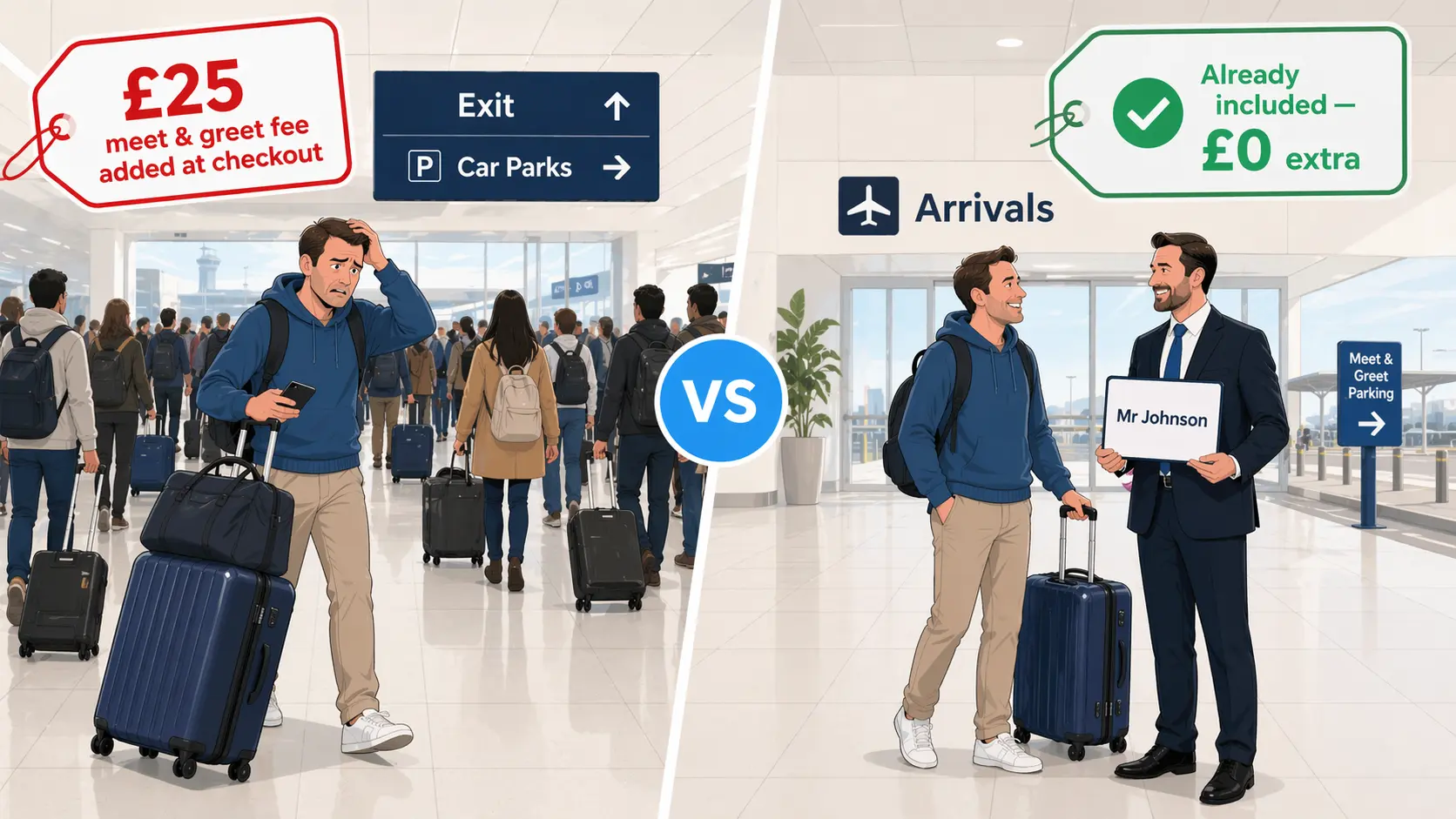 Split image: stressed traveller searching for car vs happy traveller greeted by Prime driver with name board — meet and greet already included, £0 extra at checkout