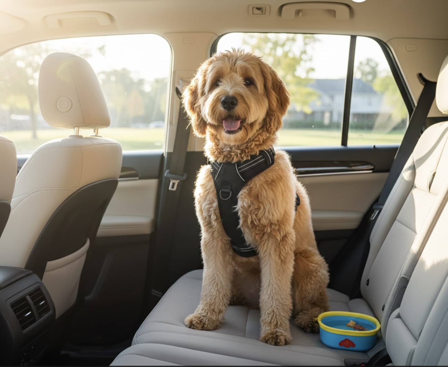 Happy dog traveling in a comfortable car