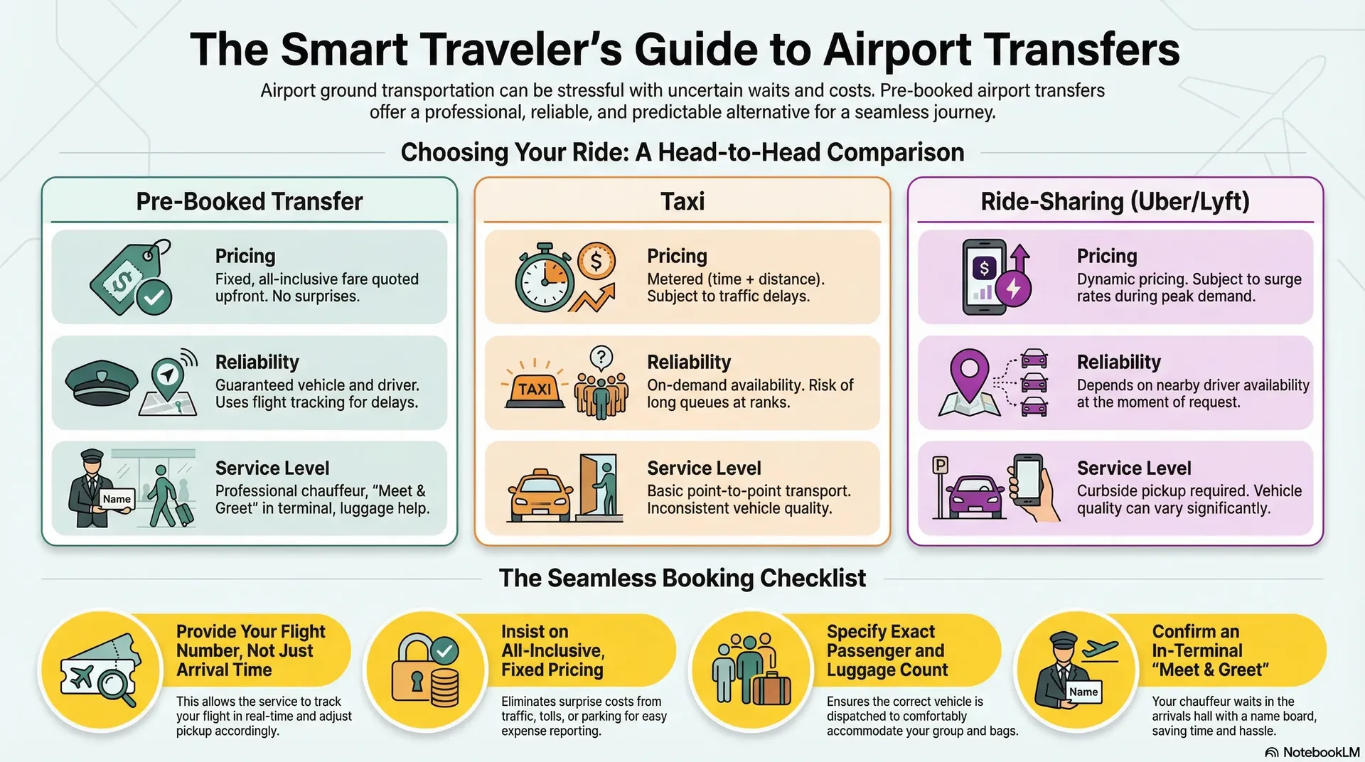 Infographic: Pre-booked Airport Transfers vs Taxis vs Uber. Comparison of price, reliability, and service.