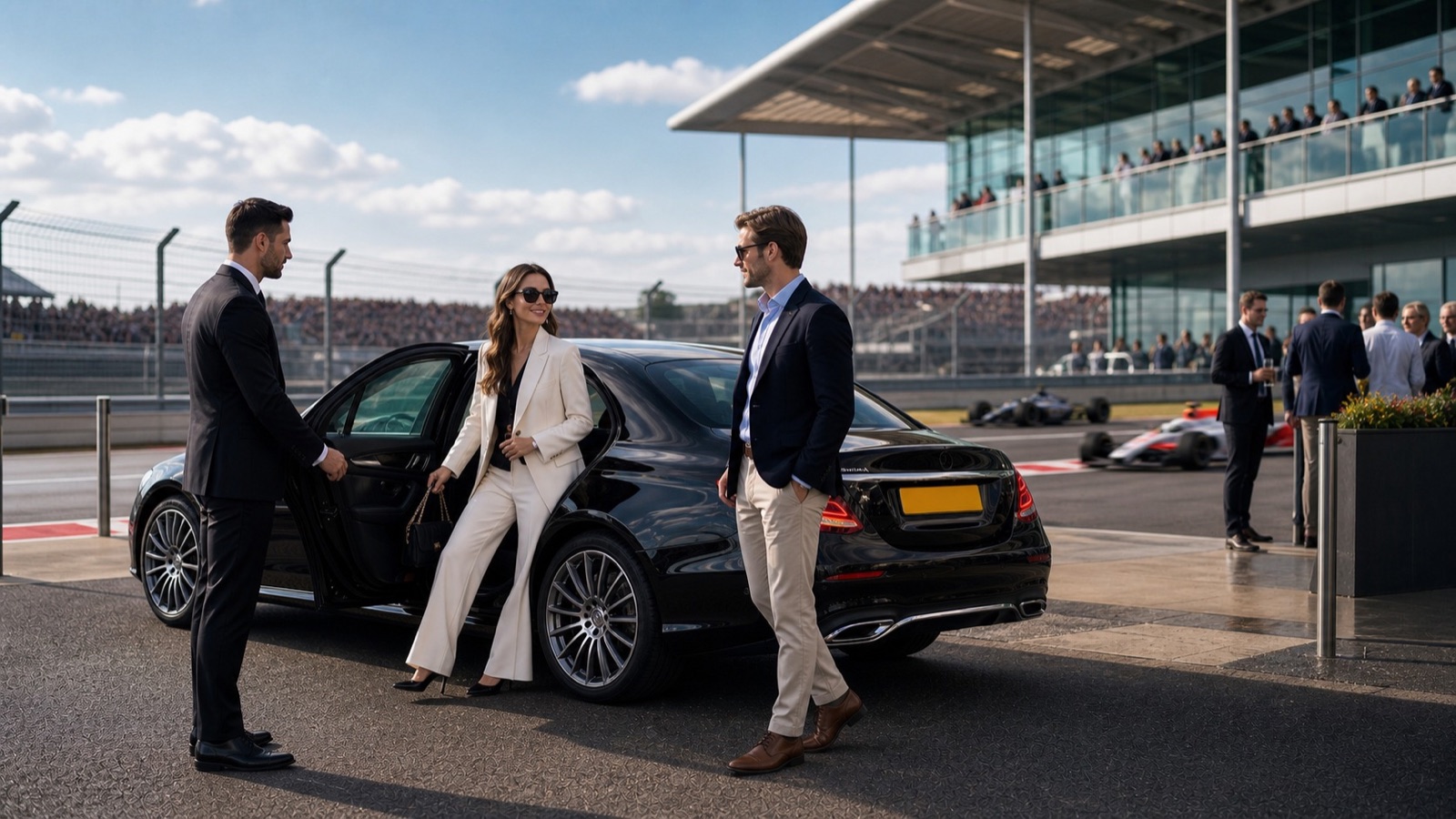 A smartly dressed couple arriving at Silverstone Circuit beside a black executive saloon on race day