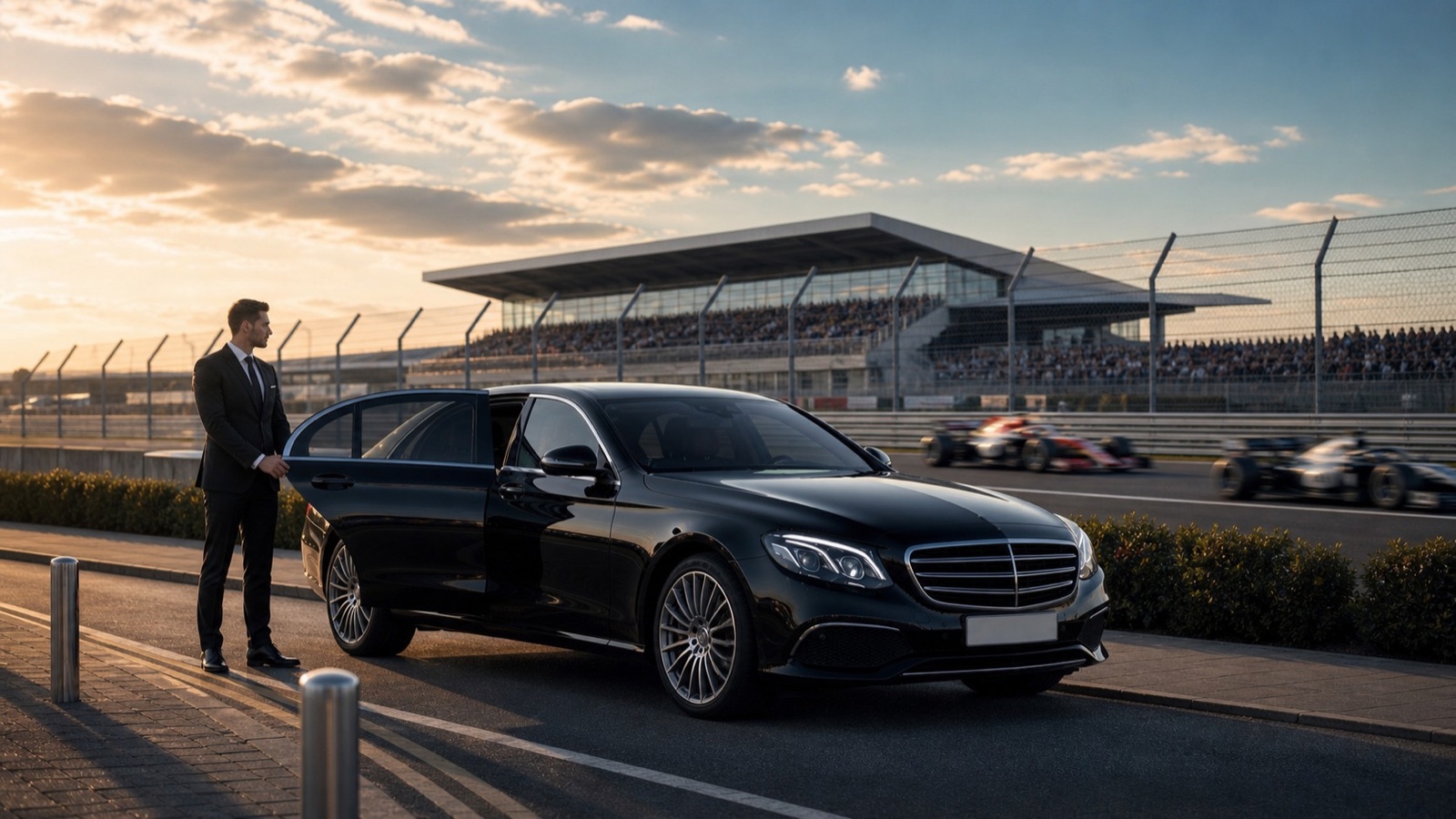A black executive Mercedes saloon on the Silverstone Circuit track with the grandstand and Formula 1 cars racing in the background