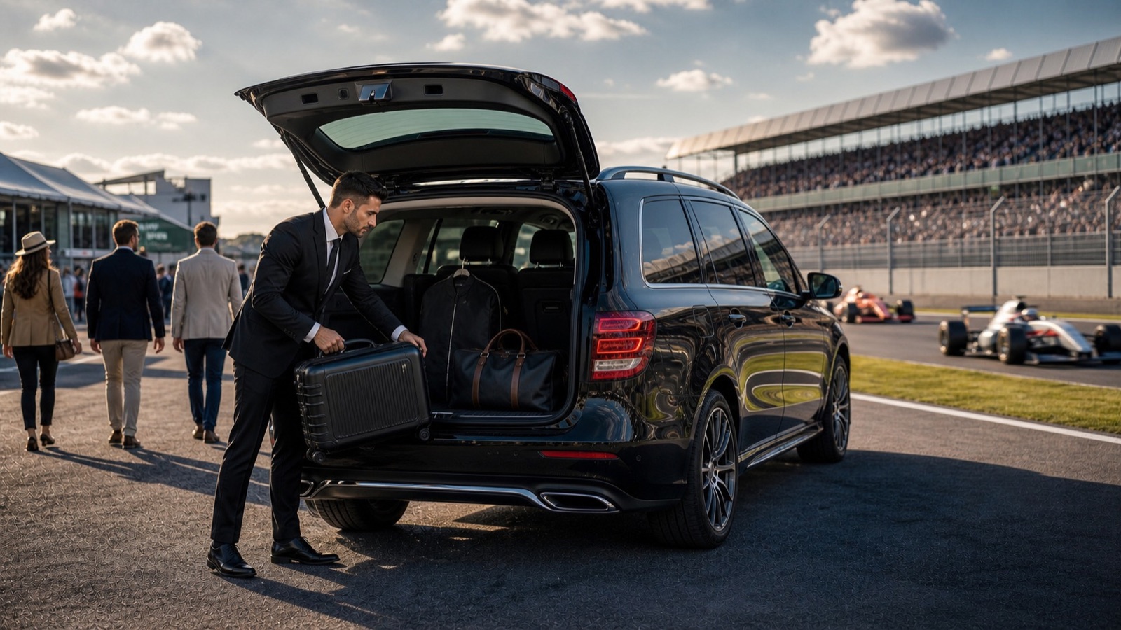 A chauffeur loading suitcases into a black executive car with the Silverstone grandstand behind, ready for a race-week airport transfer